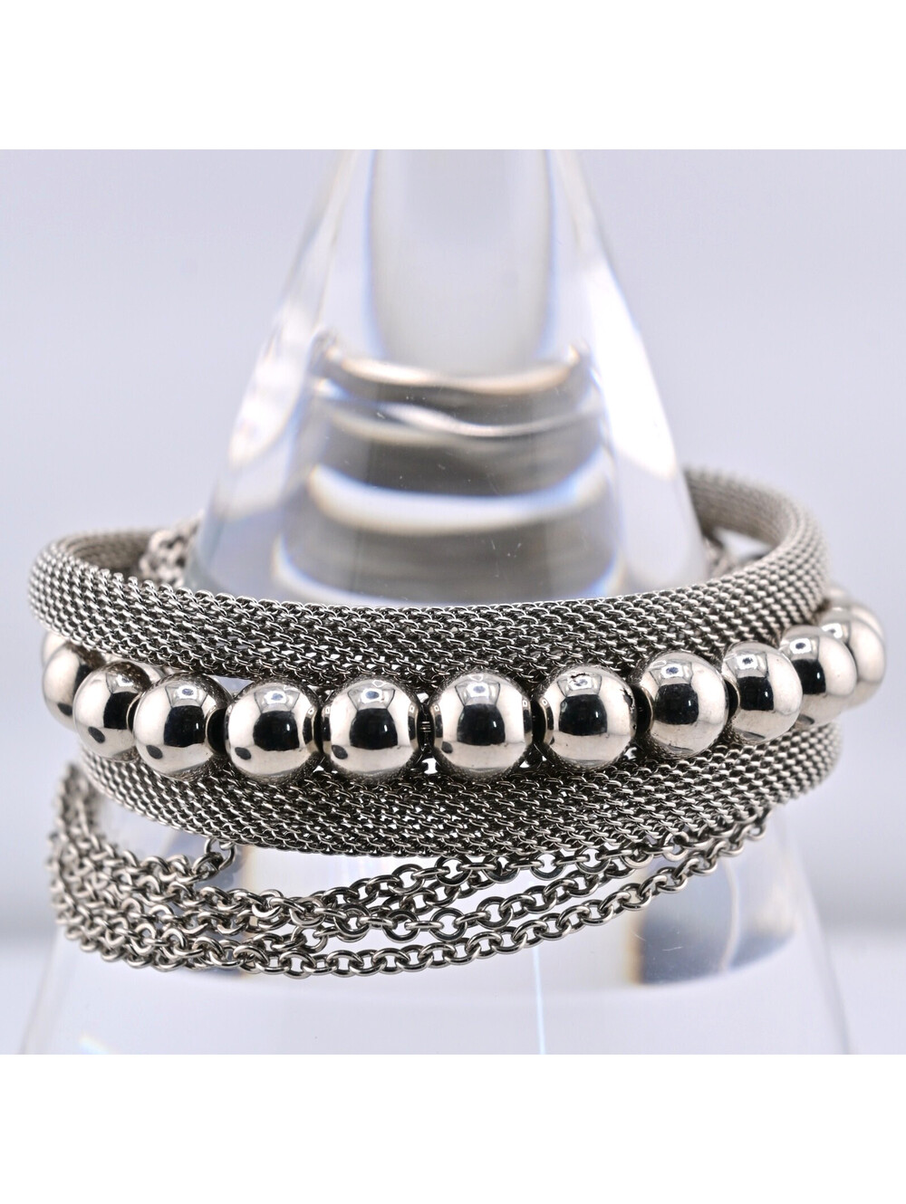 13 Strand Intertwined Mesh Chain Bracelet Silver Tone